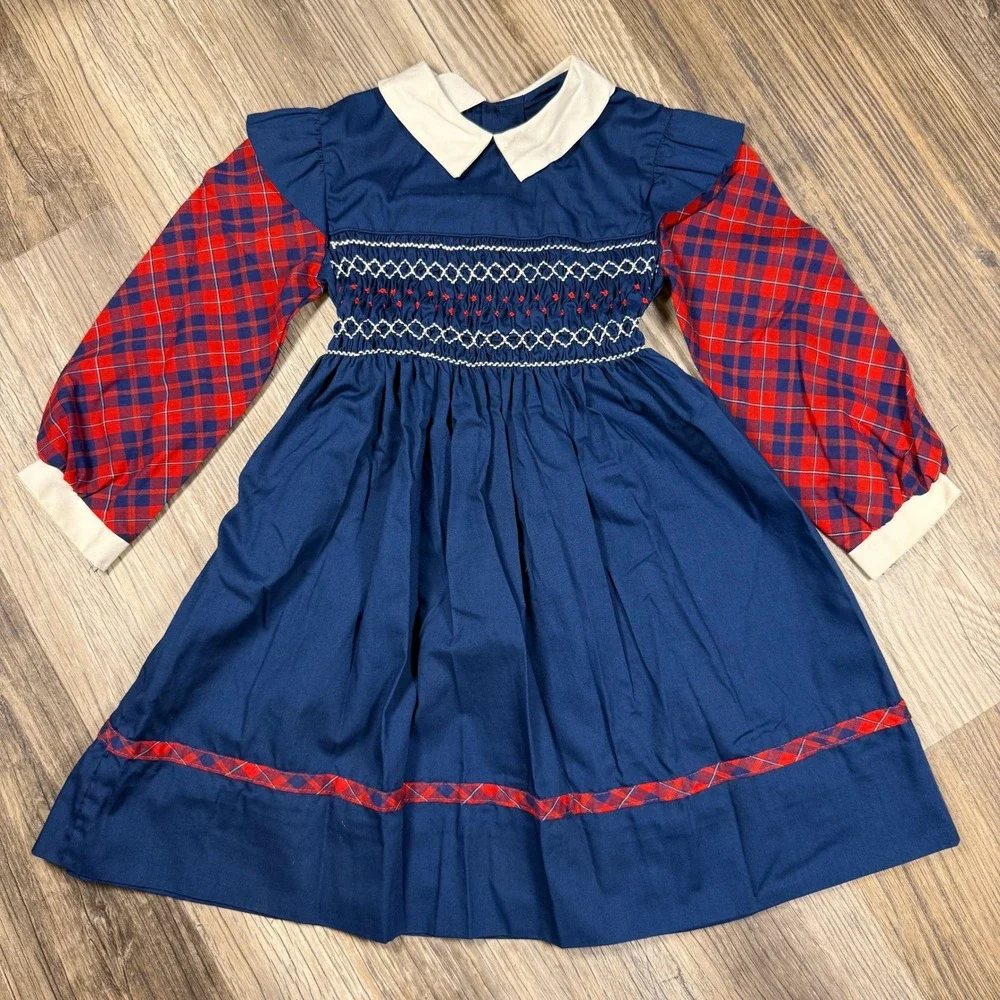 Vintage Polly Flinders Americana Hand Smocked Plaid Sleeve Navy Blue Dress 6